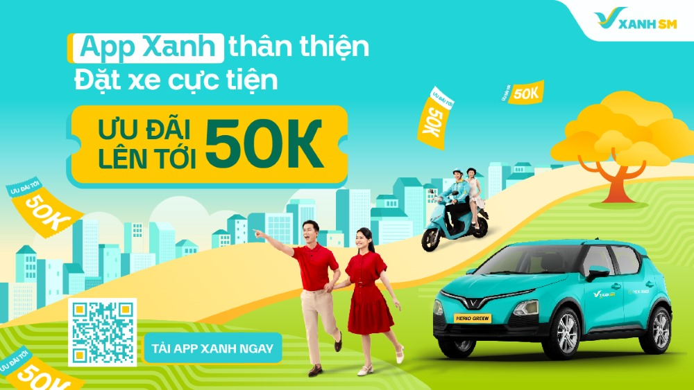 Hình ảnh một chiếc xe taxi điện Xanh SM đang chờ khách, tượng trưng cho sự tiện lợi và thân thiện môi trường khi di chuyển đến các quán ăn ngon.